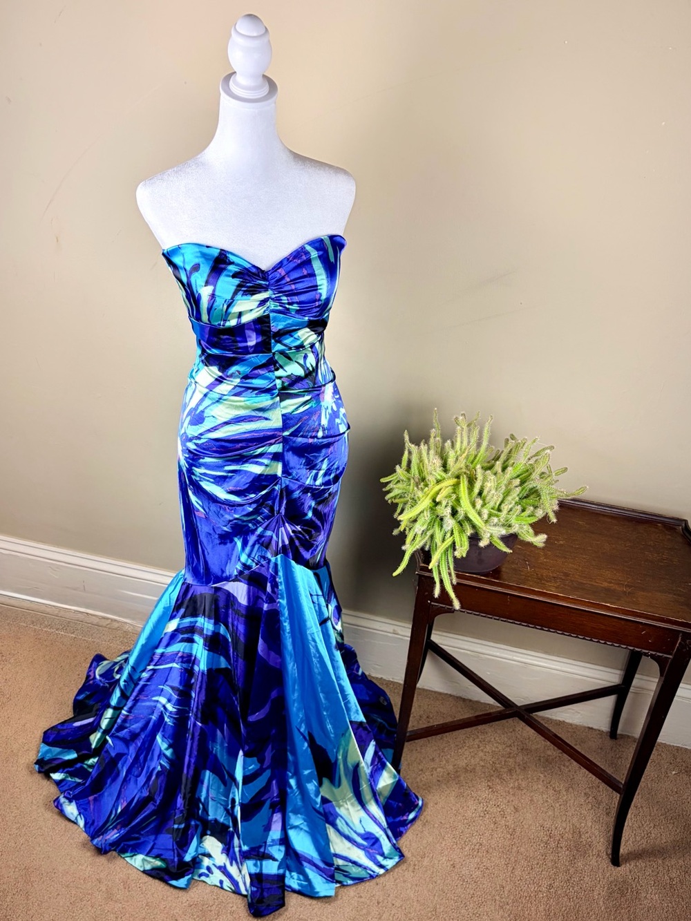 Vintage 90s Cache Made in USA Strapless Baroque Satin Y2K Mermaid Gown Size 4